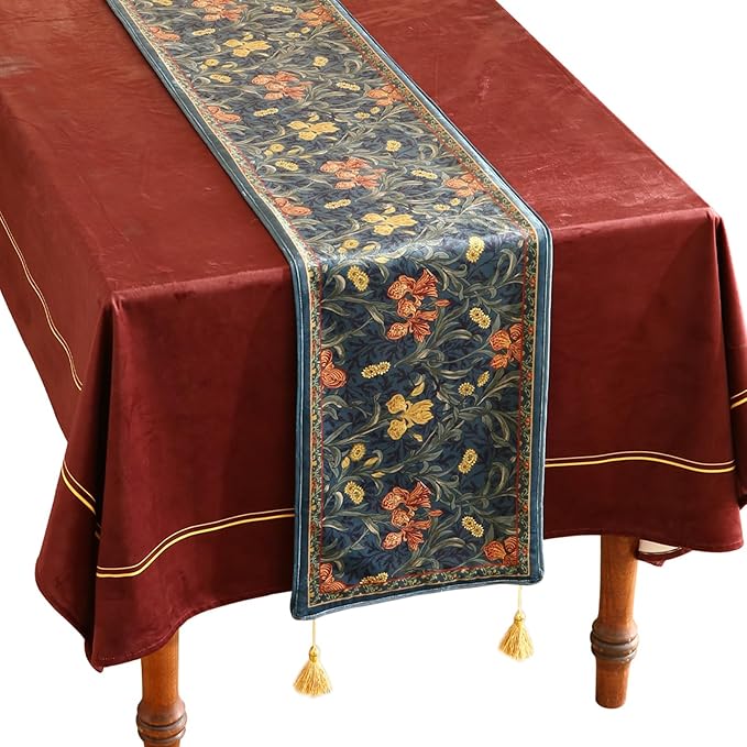 patdrea Designer Casual Wild Floral Velvet Table Runner 102 Inch Long, Dark Blue Occult Bouquets Pattern Table Mat, Decoration for Kitchen Dining Coffee Table Cabinet Banquet Thanksgiving,12"*102"