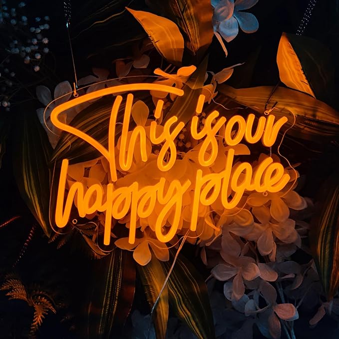 This is Our Happy Place Neon Signs for Wall Decor, My Happy Place LED Light Sign This is Our Place We Make The Rules Decor for Bedroom Man Cave Home Bar Birthday Party, 14.3" x 10"
