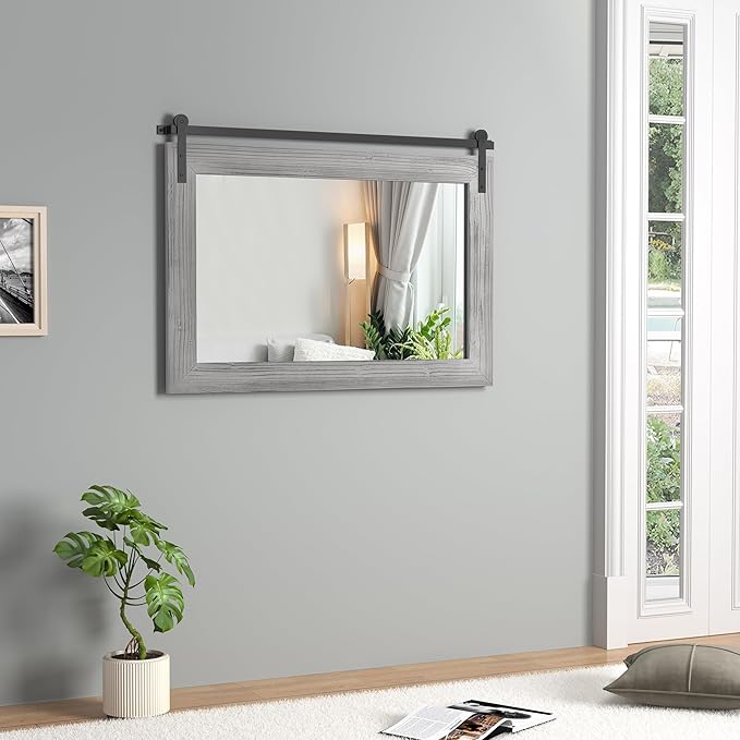 COGOOD Farmhouse Bathroom Mirror - 41" x 30" Rustic Barn Door Mirror for Living Room, Entryway, Bedroom, Vanity Wall Decor (Grey)