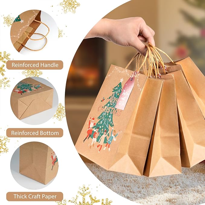 LYLIN 12Pcs Kraft Christmas Gift Bags with Handles, Small Xmas Treat Bags Reusable Gift Bags for Wrapping Gifts, Party Favors and Holiday Decor