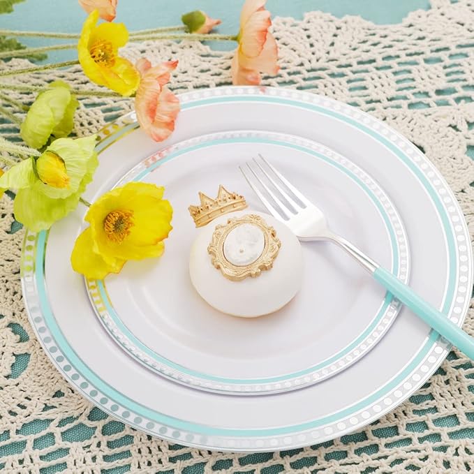 COLOSUS 125pcs Disposable Silver Blue Plastic Plates and Silverware .Light baby blue dinnerware party set include 25 Dinner Plate 25 Dessert Plate 75 silverware for Easter day Party Dinner