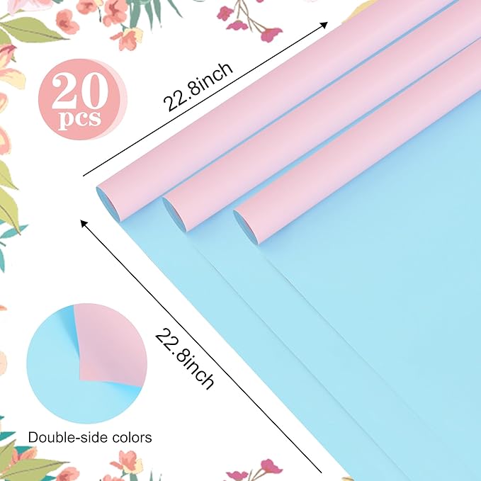 BEISHIDA 20Pcs Baby Blue and Baby Pink Double Sided Floral Wrapping Paper Matte Waterproof Flower Bouquet Wrapping Paper for Floral Wrap Florist Packing Supplies Valentine's Christmas Gift Wrapping