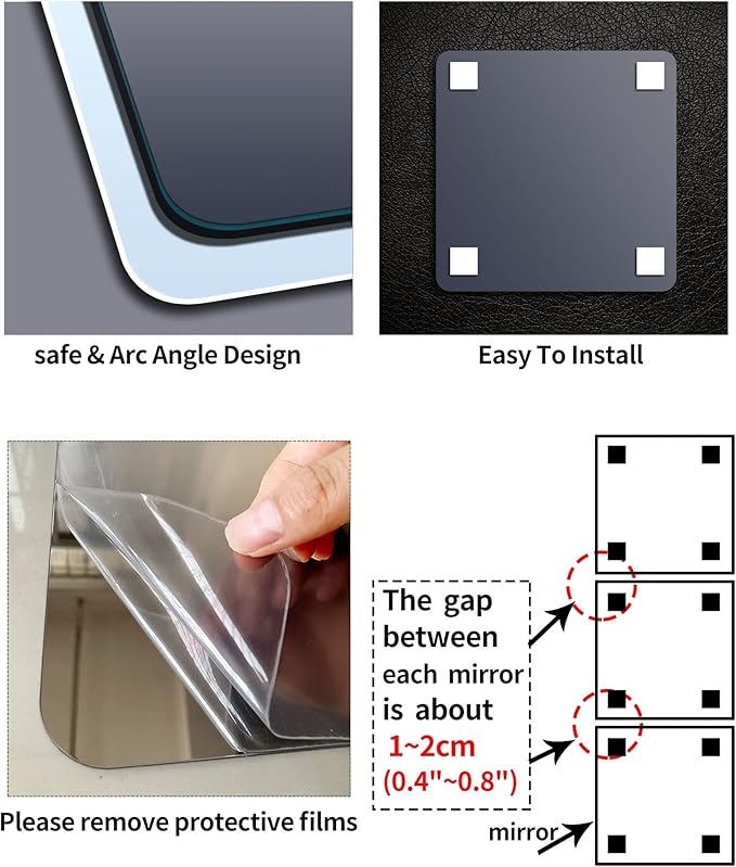 Unbreakable Acylic Small Mirror Tiles for Kids, (4-Pcs 12x12 Inch) Plastic Mirrors for Wall, Stick on Mirrors for Wall Decor, Shatterproof Mirror for Kids Bedroom