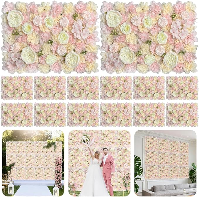 Artificial 3D Flower Wall Panel for Backdrop 24x16 inches 12 Pcs Light Pink Faux Roses Artificial Flower Backdrop for Wedding Party Bridal Baby Shower Decor