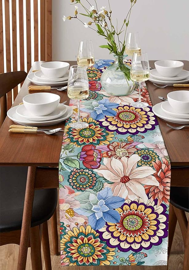 Boho Flowers Cotton Linen Table Runner for Dining Kitchen, Wedding Outdoor Party Tablerunners Decoration, Colorful Floral Farm Vintage Botanical Dresser Scarf Coffee Tablecloth Runners 13x120 Inches