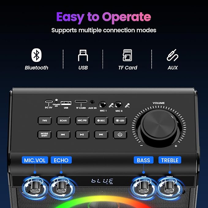 Karaoke Machine, Portable Bluetooth Speaker with 2 Wireless Microphones for Adults & Kids - PA System, LED Lights, Bass/Treble Control, AUX/USB/TF/FM for Home Party Outdoor Singing