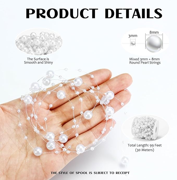 99 Feet Fishing Line Artifical Pearl Strings for Crafting, Faux Pearl Garland Strands for Floating Candle Vases Filler Wedding Centerpiece Bouquet Christmas Tree Party Decoration, White