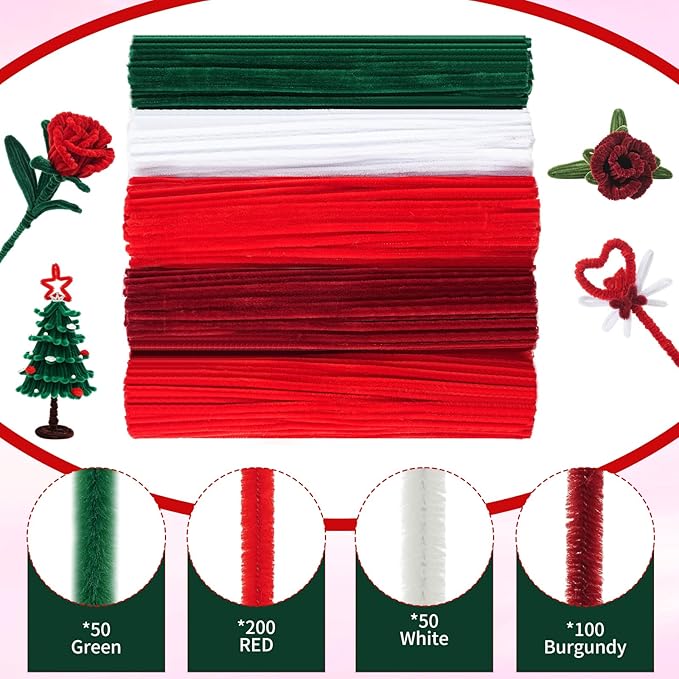400 Pcs Red Pipe Cleaners for Crafts, 4 Colors Soft Chenille Stems Bulk with Floral Wires, Gardening Tape,Hot Glue Stick，Greeting Card,Bouquet Paper, Pearl & Ribbon, Flowers Craft kit for Christmas