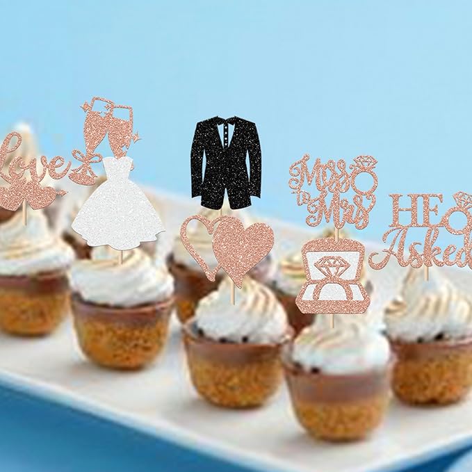 30 Pack Bride to be Cupcake Toppers Glitter Diamond Ring I Do Love Cupcake Picks Miss to Mrs He Asked She Said Yes Bridal Shower Wedding Engagement Bachelorette Cake Decoration Rose Gold