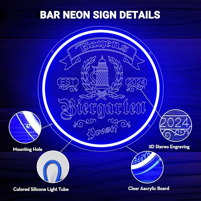 Custom Bar Neon Sign for Biergarten, Personalized LED Beer Barrel Wheat Signs for Wall Decor, Customizable Biergarten Signs for Men Dad Husband Gifts, Man Cave Home Bar Pub Tavern Bistro Business