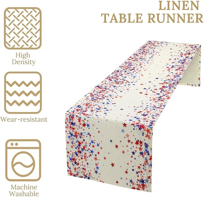 Independence Day Table Runner, 4th of July Red Blue Stars American President Day Holiday Confetti Print Table Cover for Kitchen Dining Table Indoor Outdoor Party, 13x60inch