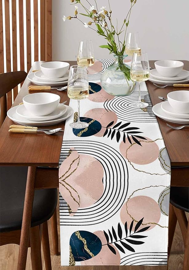 Modern Boho Cotton Linen Table Runner for Dining Kitchen, Wedding Outdoor Party Tablerunners Decoration, Abstract Bohemian Tropical Palm Leaf Dresser Scarf Coffee Tablecloth Runners 13x90 Inches