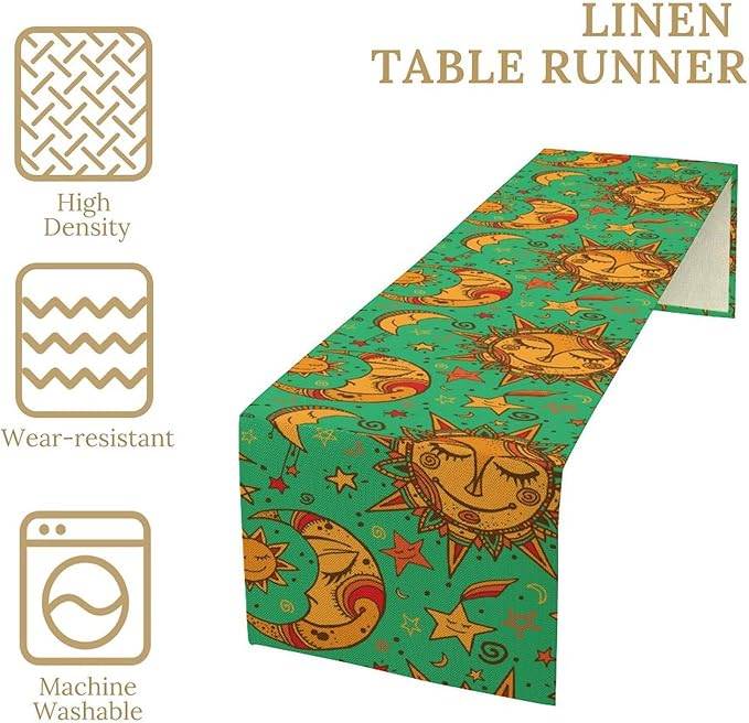 Boho Moon Table Runner, Phase of The Moon Star Sun Cartoon Pattern Table Runner for Kitchen Living Room Home Party 13x90 Inch