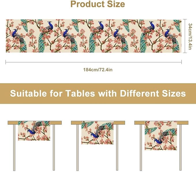 Peacock Table Runner,Spring Floral Peacock Birds Table Runner for Home Kitchen Dining Party Indoor Outdoor Decoration 13x108 Inch