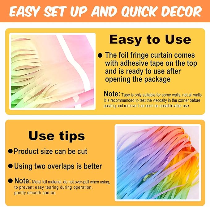 6 Pack Light Rainbow Foil Fringe Curtains Backdrop, 3.28 x 8.2 Ft Metallic Streamers Tinsel Curtains Background for Photo Booth, Birthday, Weddings, Carnivals, Graduation, Themed Party Decorations