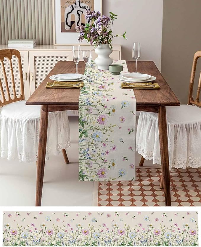 Vintage Wildflowers Cotton Linen Table Runner for Dining Kitchen, Wedding Outdoor Party Tablerunners Decoration, Farm Floral Pink Botanical Plants Dresser Scarf Coffee Tablecloth Runners 13x120 Inches