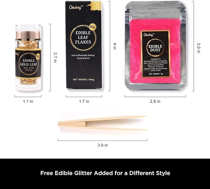 Cobakey Genuine Edible Gold Leaf Flakes - 50mg Edible Gold Flakes for Cake Decoration (Cupcake, Chocolate, Steak, Drink & Cooking), PureGold Leaf with Edible Glitter & Wooden Tweezers