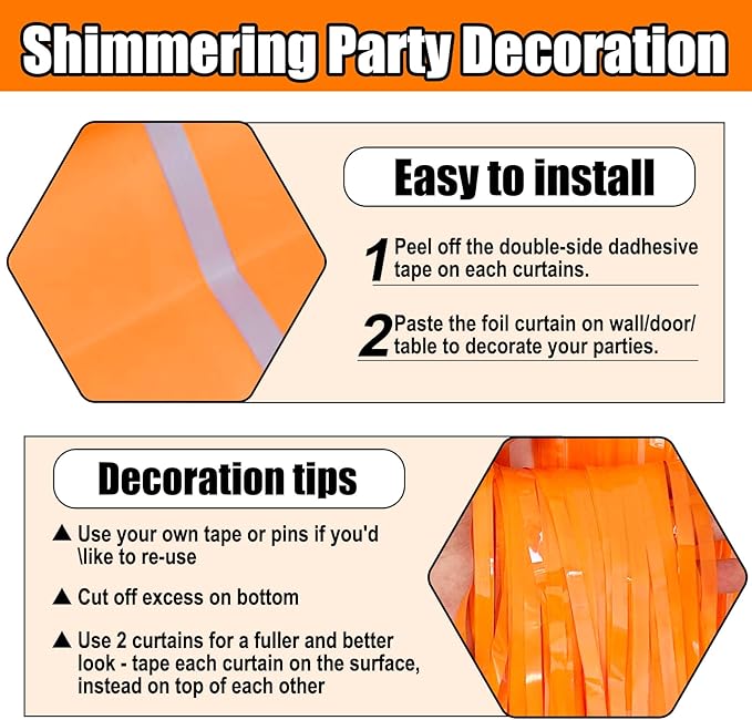 6 Pack Macaron Orange Foil Fringe Curtain Backdrop, 3.28Ft x 8.2Ft Metallic Tinsel Foil Fringe Streamer Curtains for Photo Booth, Birthday, Wedding, New Year Party Decorations