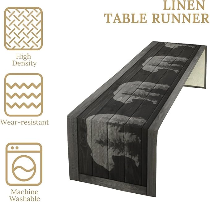 Rustic Country Bear Table Runner, Black Wood Wooden Cabin Wild Animals Hunting Table Cloth for Home Kitchen Dining Table Runner 13x70 Inch