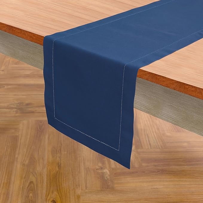 Solino Home Cotton Linen Table Runner 36 Inches - Lapis Blue Hemstitch Table Runner 14 x 36 Inch Ideal for Dresser and Coffee Tables - Fall, Autumn, Halloween