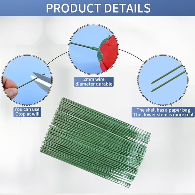 Green Floral Stems - 100pcs Plastic Flower Rods for Bouquets and Arrangements, Ideal for Crafts and Florists (30CM /12in)