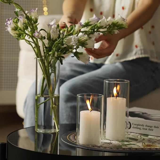 UDU Set of 12 White Pillar Candles and 12 Glass Cylinder Vases Hurricane Holders, Slim Pillar Candle Holder, Cylinder Vases for Centerpieces Wedding Table Party Home Decor(2.6" X 4.7", 5.9", 7.9")