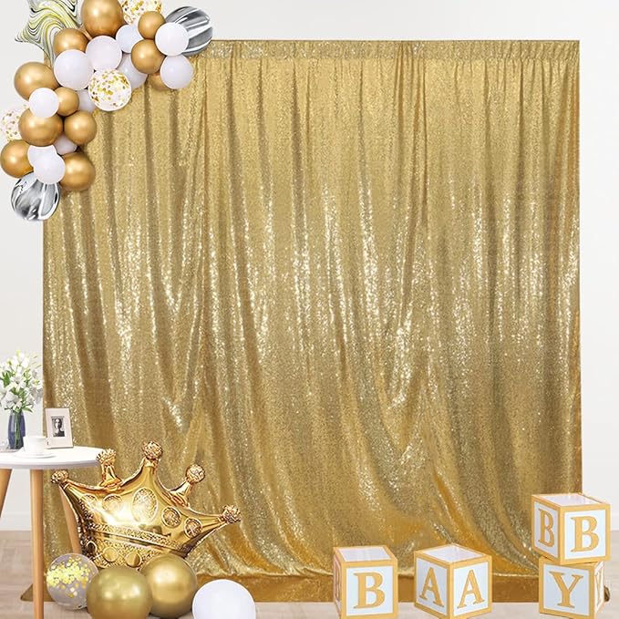 SquarePie Sequin Backdrop Less See Through Thick Background for Photography Glitter Curtain Party 8FT x 8FT Gold