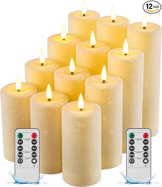 Da by 12 Pack Outdoor Waterproof LED Flameless Candles with Remote Control Timer, Realistic Flickering LED Pillar Candles for Wedding, Festival, Outdoor & Home Decoration-D 3'' H 4'' 5'' 6''7''