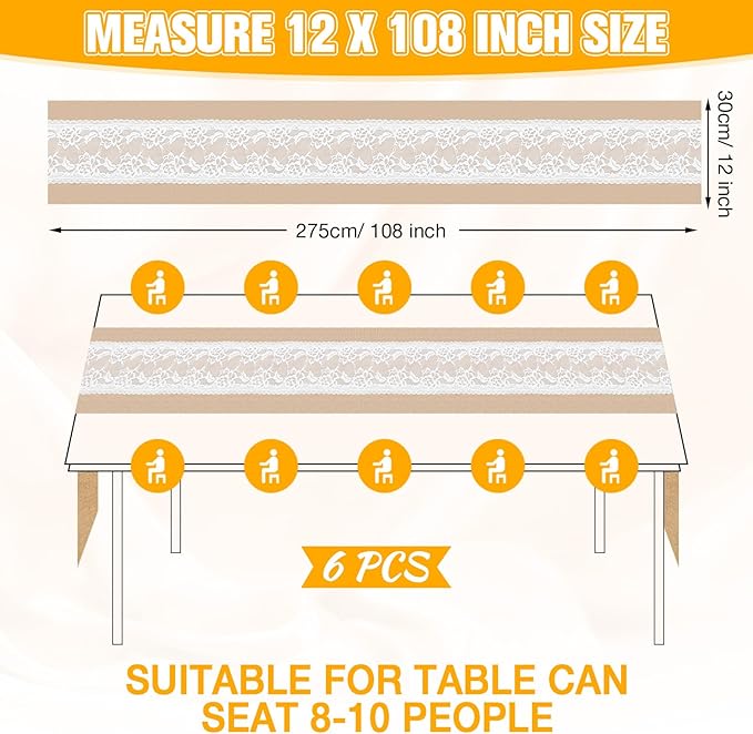 Xinnun 6 Pack Burlap Table Runner with LED String Lights, Modern Rustic Lace Natural Vintage Boho Jute Wedding Table Decor for Farmhouse Thanksgiving Christmas(Wedding Lace LED,12x108 Inches)