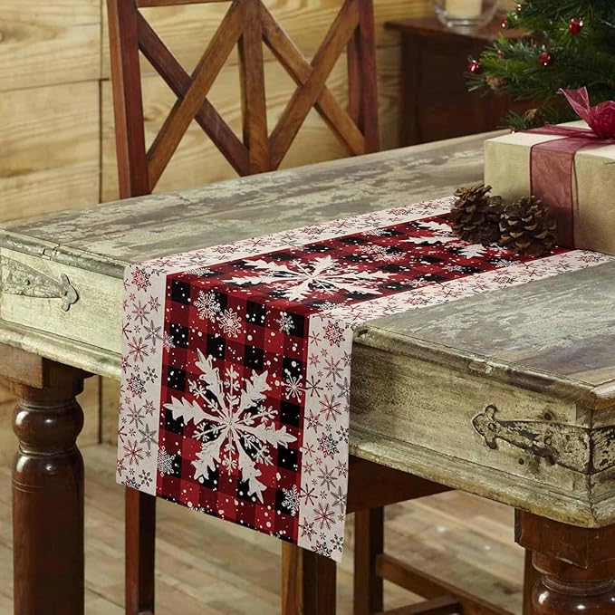 Buffalo Plaid Christmas Cotton Linen Table Runner for Dining Kitchen, Snowflake Red Black Check Wedding Outdoor Party Tablerunner Decoration, Retro Dresser Scarf Coffee Tablecloth Runners 13x48 Inches