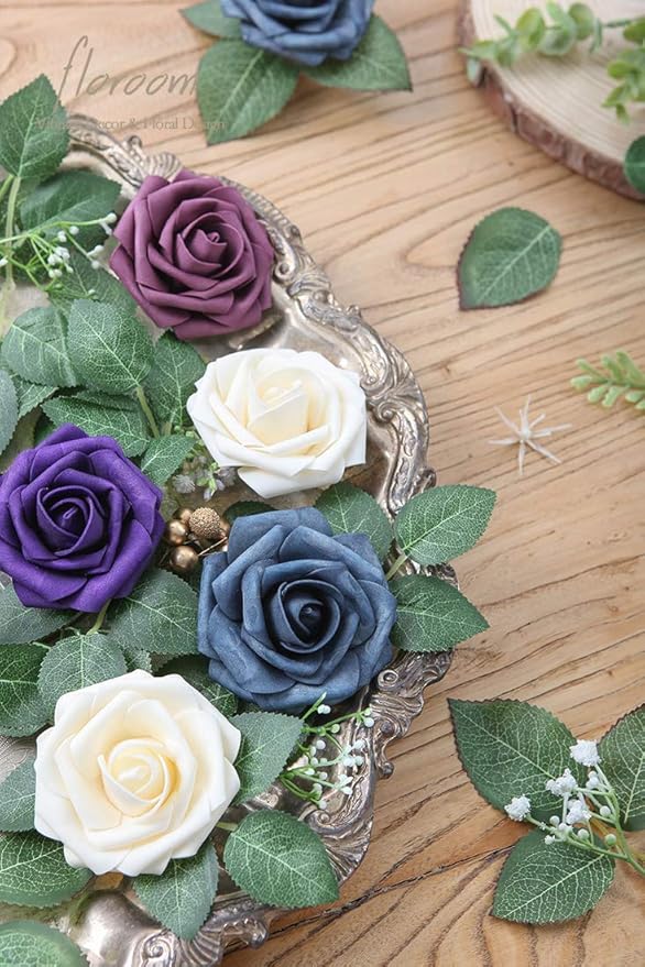 Floroom Artificial Flowers 25pcs Real Looking Plum Foam Fake Roses with Stems for DIY Wedding Bouquets Bridal Shower Centerpieces Floral Arrangements Party Home Decorations