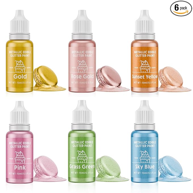 Edible Glitter Paint Set- 6 Color Food Coloring Metallic Glitter Paint for Baking, Cake Decorating - Food Grade Art Decorative Cake Paint for Cupcakes, Cookies, Fondant, Donuts, Macaron, Candy (Iridescence, 6 color)