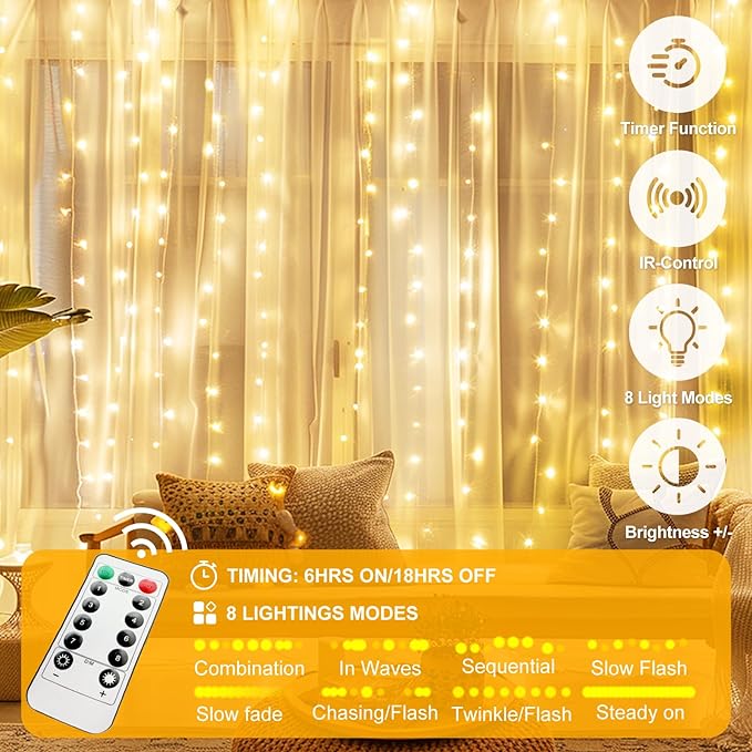 Fairy Curtain Lights Upgraded Tangle-Free Warm White USB Plug in 8 Modes String Hanging Lights with Remote for Christmas, Bedroom, Indoor, Outdoor, Weddings, Party (6.6FTx6.6FT)