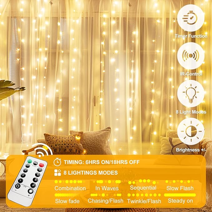 Fairy Curtain Lights Upgraded Tangle-Free Warm White USB Plug in 8 Modes String Hanging Lights with Remote for Christmas, Bedroom, Indoor, Outdoor, Weddings, Party (10 FT x 6.6 FT)