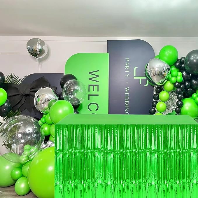 Green Streamers Party Decorations, 2 Packs Green Table Skirts Metallic Foil Fringe Tinsel for Birthday Dinosaur Animal St Patrick's Day Football Mardi Gras Graduation Party Supplies -29x108Inch