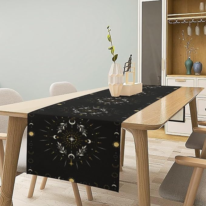 Sun Moon Table Runner - Magical Leaves Mysterious Western Traditional Elements Black White Table Runner for Party Living Room Home Kitchen Dinner - 13x36 Inch