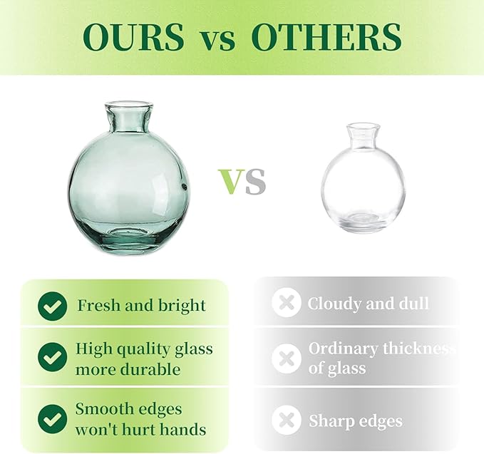 Glass Bud Vases Set of 6, Hewory Cute Green Small Vases Handmade, Mini Glass Flower Vase for Floral Arrangements, Tiny Centerpiece for Home Office Wedding Party Events Table Decor (Not Include Flower)