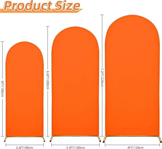 Wedding Arch Covers Arch Backdrop Cover Arch Stand Covers 7.2FT 6.6FT 6FT Set of 3 Arch Cover Spandex Fabric Stretchy Backdrop for Wedding Birthday Party Decoration Baby Shower (Candy Orange)