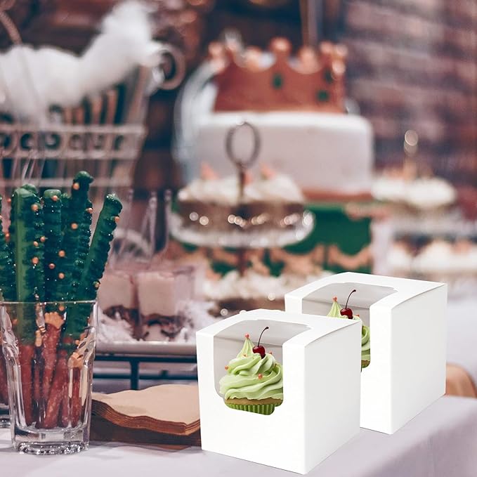 JCD 120 Packs Individual Cupcake Box White with Insert, 3.5" Cupcake Containers Single with Insert and Window for Hot Cocoa Bombs and Cookies, Pre-Assembled for Wedding Birthday Party (White/120Pcs)