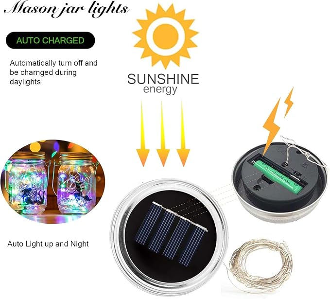 VOOKRY 12 Pack Solar Mason Jar Lights, 30 LED Mason Jar Lids Waterproof Firefly Fairy String Lights with 12 Hangers(No Jars), for Outdoor Patio Garden Yard Lawn Party Wedding Decoration - Multicolor
