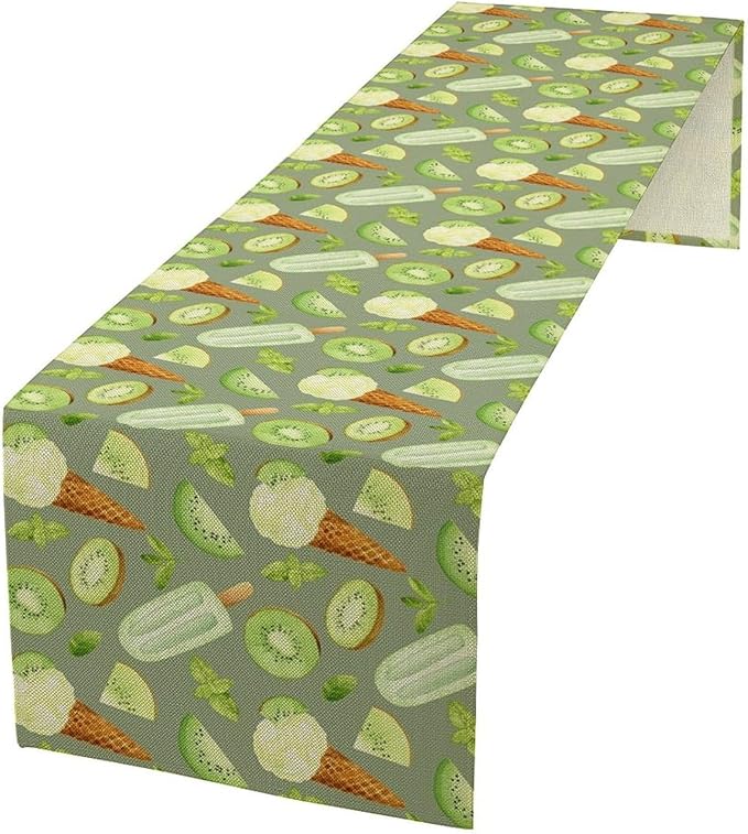 Summer Ice Cream Popsicles Table Runner, Watercolor Green Kiwi Seasonal Fruit Sweet Dessert Dinner Runner for Party Holiday Home Kitchen Dining Table Decor 13"x108"