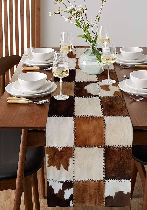 Abstract Cowhides Cotton Linen Table Runner for Dining Kitchen, Wedding Outdoor Party Tablerunners Decoration, Brown Beige Animal Fur Texture Dresser Scarf Coffee Tablecloth Runners 13x72 Inches