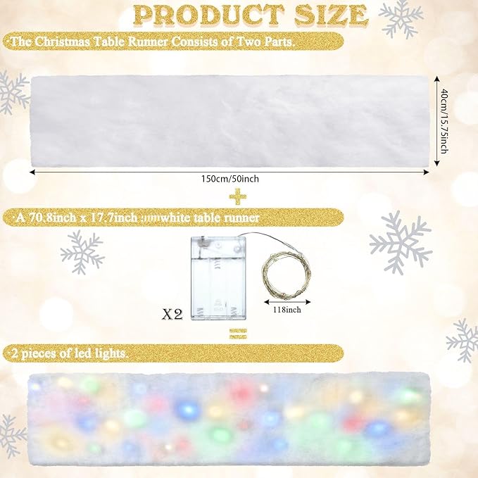 Jetec LED Christmas Fake Snow Blanket with Lights Artificial Snow Blanket with 2 Pcs LED Lights Lighted Snowflake Table Runner for Christmas Tree Village Display Winter Party Decor(15.75''x 59.06'')