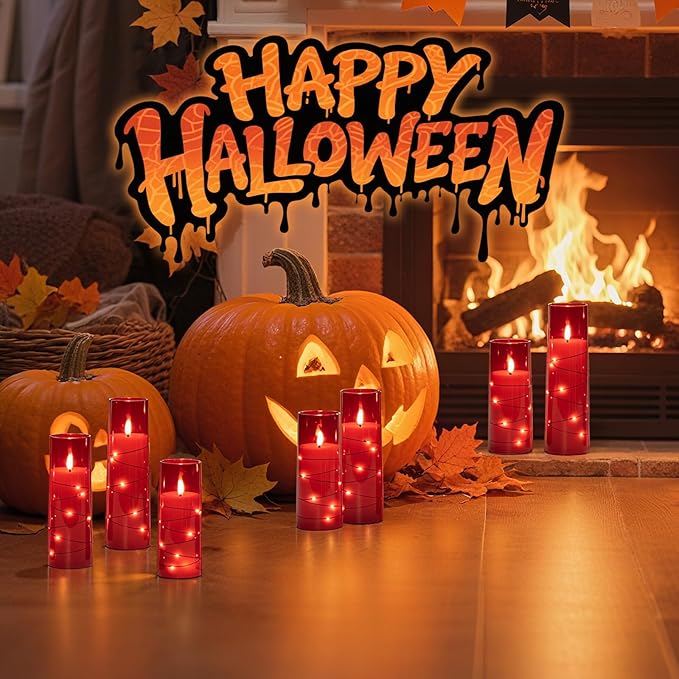 Raycare Flameless Candle with Remote Timer – 5 Flickering Acrylic Battery Operated LED Pillar Candles with Embedded Star String for Halloween, Home Decor, and as a Gift(Red)