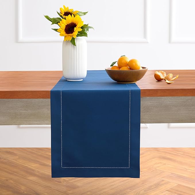 Solino Home Cotton Linen Lapis Blue Table Runner 72 Inches Long - Hemstitch Table Runner 14 x 72 Inch for Dresser, Dining, Fall, Autumn, Halloween