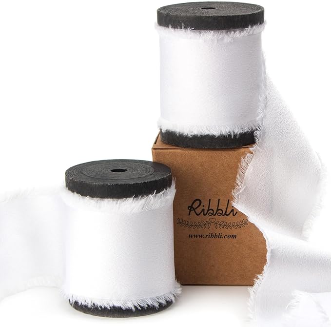 Ribbli White Silk Satin Ribbon 1.5 Inch x 12 Yard Handmade Frayed Chiffon Ribbon with Wooden Spool for Gift Wrapping, Wedding Invitations, Bridal Bouquets, Home Decor