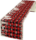 Christmas Table Runner,Red Black Plaid Xmas Snowflakes Deer Trees Print Tablecloth Burlap for Hotel Indoors Outdoor Dining Room Kitchen Home Decor,W13X L70 in