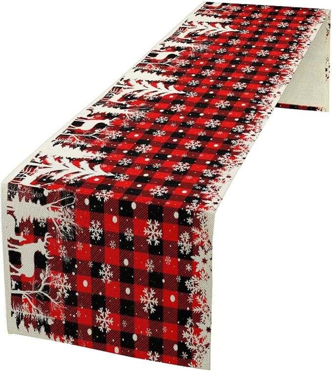 Christmas Table Runner,Red Black Plaid Xmas Snowflakes Deer Trees Print Tablecloth Burlap for Hotel Indoors Outdoor Dining Room Kitchen Home Decor,W13X L108 in