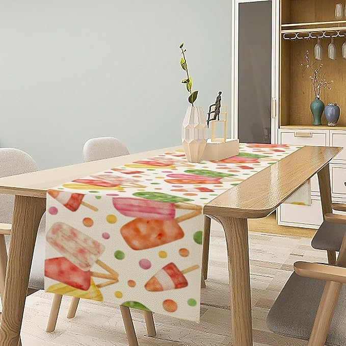 Summer Popsicles Table Runner, Watercolor Colorful Fruit Ice Cream Pops Berry Kiwi Cold Summer Sweet Seasonal Dinner Runner for Party Holiday Home Kitchen Dining Table Decor 13"x108"