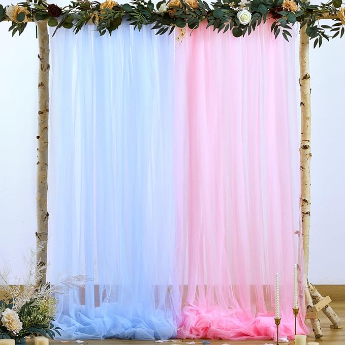 Pink and Blue Backdrop Curtain for Gender Reveal Girl and Boy Party Sheer Tulle Backdrop Drapes for Baby Shower Birthday Party Photoshoot Background Decorations 2 Panels 5ft X 8 ft